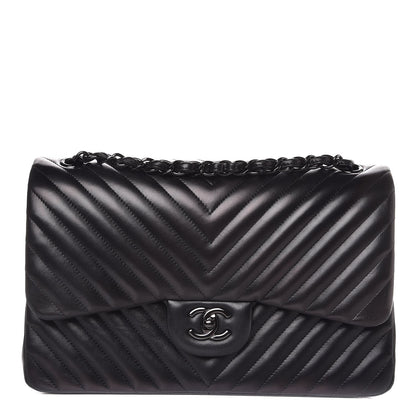 Chanel Lambskin Chevron Quilted Jumbo Double Flap So Black 1 of 9