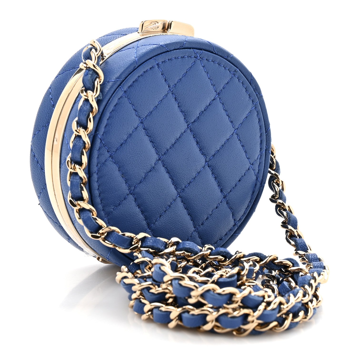 Chanel Lambskin Enamel Quilted Round Poker Chip Clutch With Chain Blue White 3 of 12