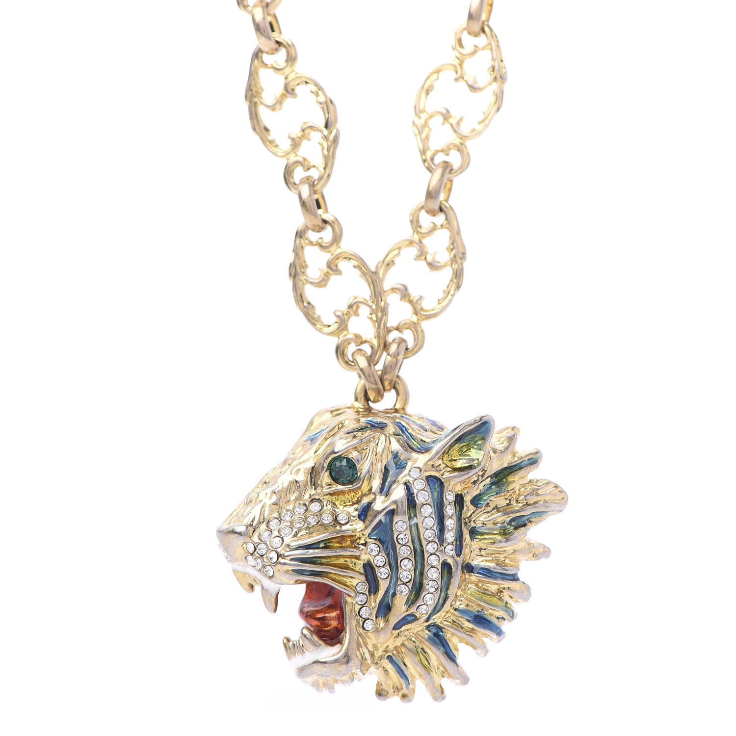 Gucci Metal Crystal Enamel Rajah Necklace Gold Blue 4 of 7