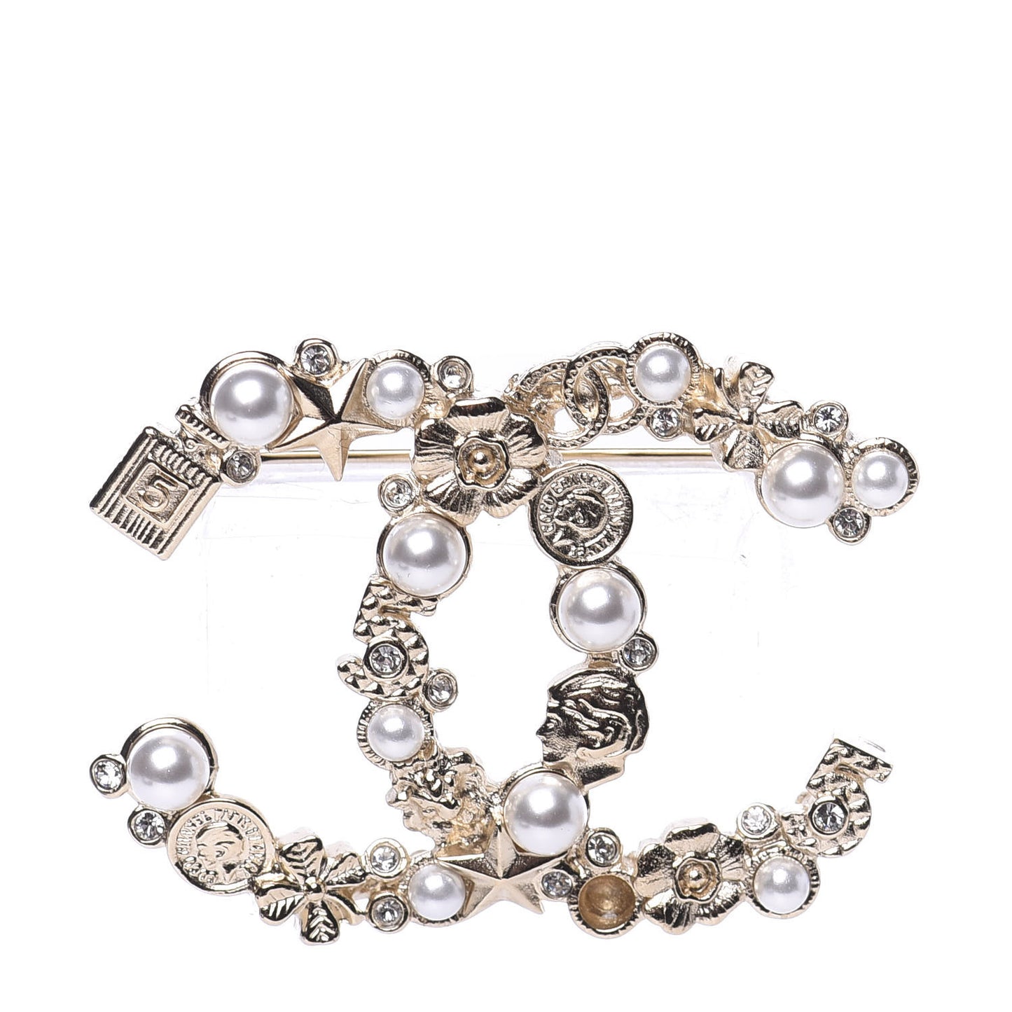 Crystal Pearl CC Charms Brooch Gold
