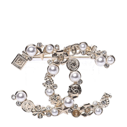Chanel Crystal Pearl CC Charms Brooch Gold 1 of 4