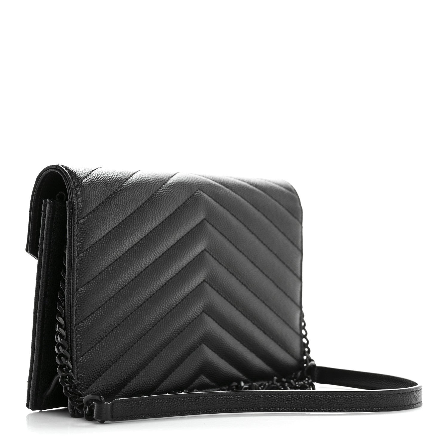 Saint Laurent Grain De Poudre Matelasse Chevron Monogram Monochrome Envelope Chain Wallet Black 3 of 12