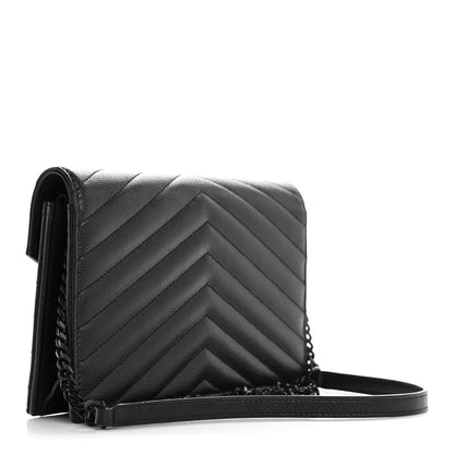Saint Laurent Grain De Poudre Matelasse Chevron Monogram Monochrome Envelope Chain Wallet Black 3 of 12