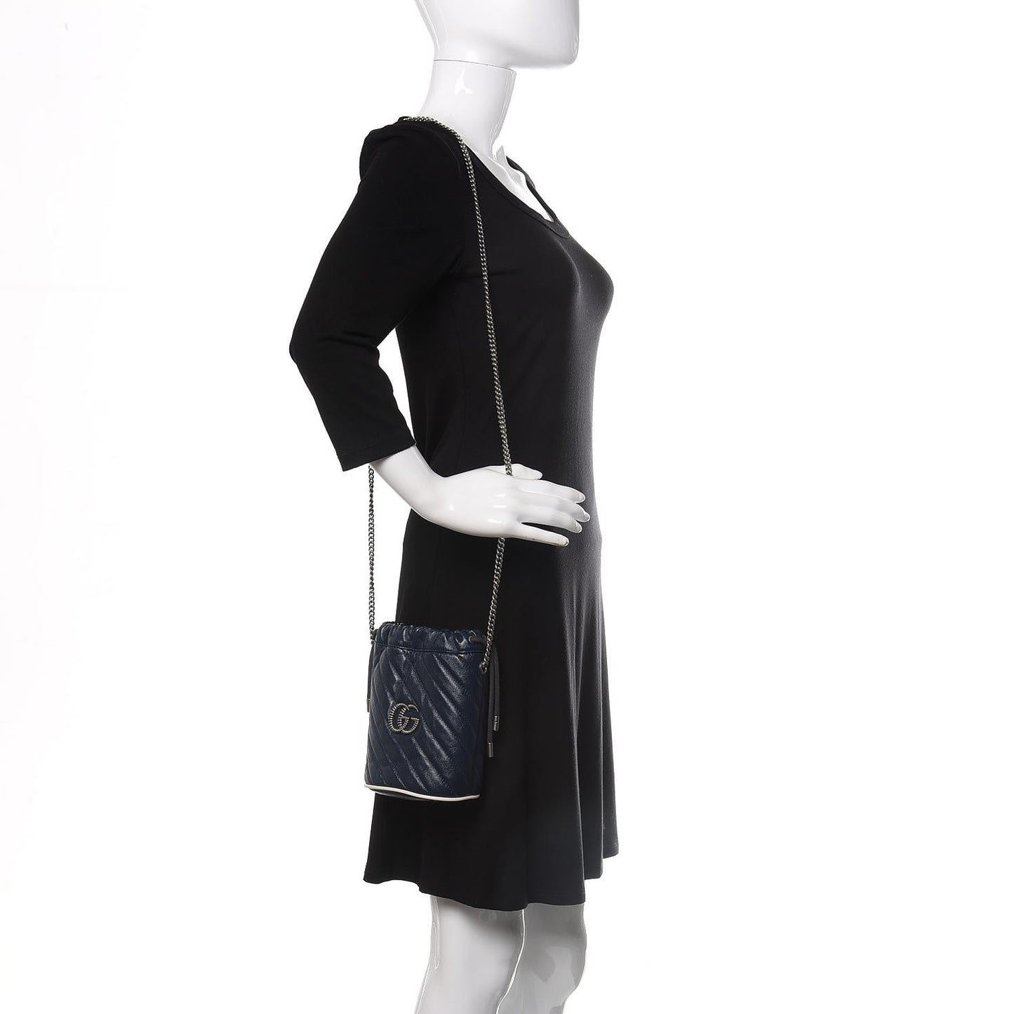 Vintage Effect Calfskin Matelasse Diagonal Mini Torchon GG Marmont 2.0 Bucket Bag Blue Agata Mystic White