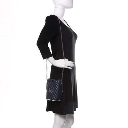 Gucci Vintage Effect Calfskin Matelasse Diagonal Mini Torchon GG Marmont 2.0 Bucket Bag Blue Agata Mystic White 2 of 11