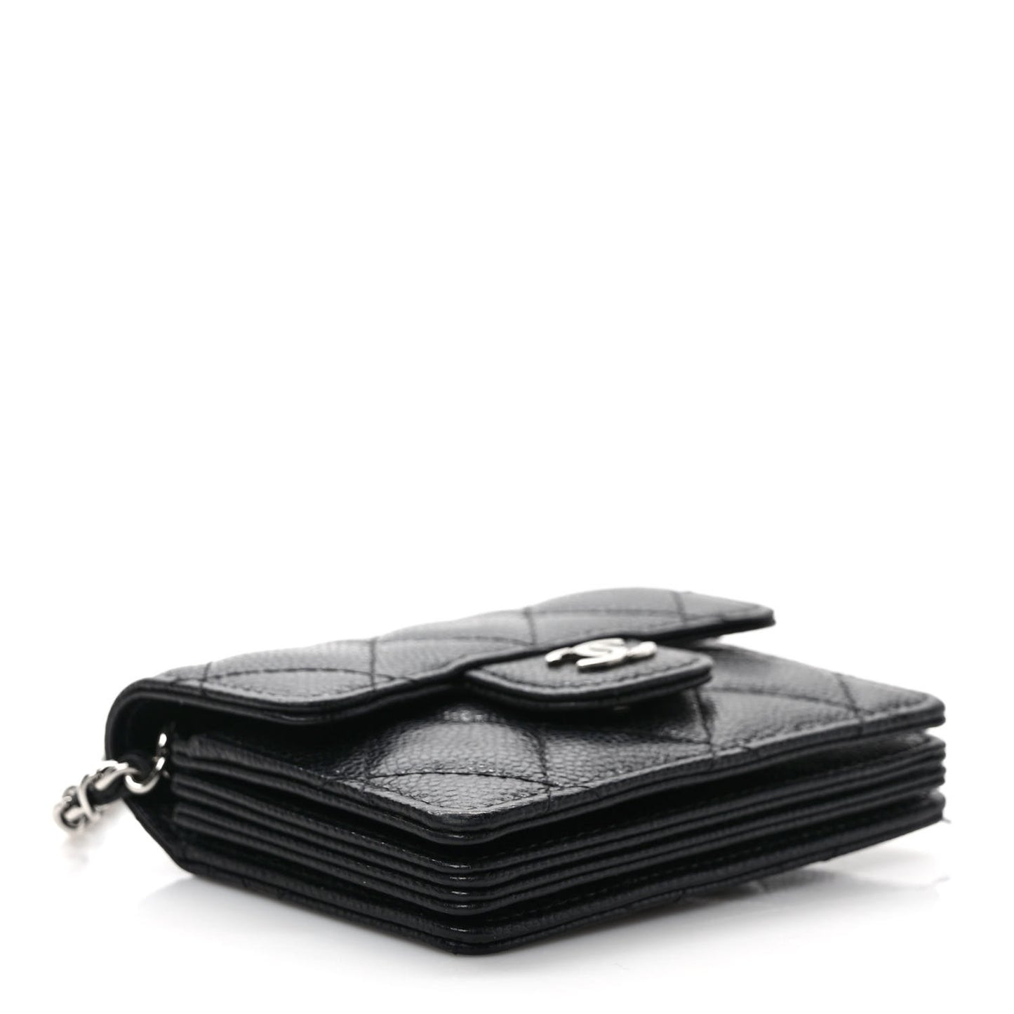 Caviar Quilted Flap Card Holder On Chain Black