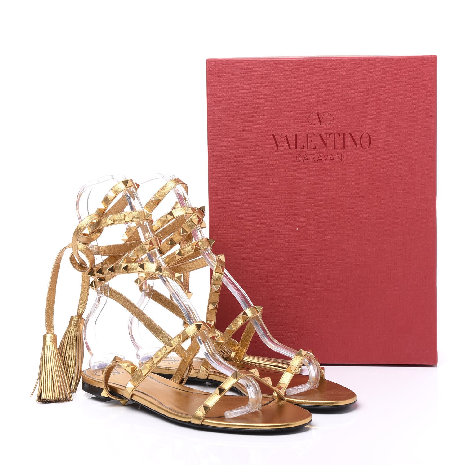 Valentino Garavani Metallic Nappa Rockstud Flair Ankle Wrap Flat Sandals 38 Deep Gold 9 of 9