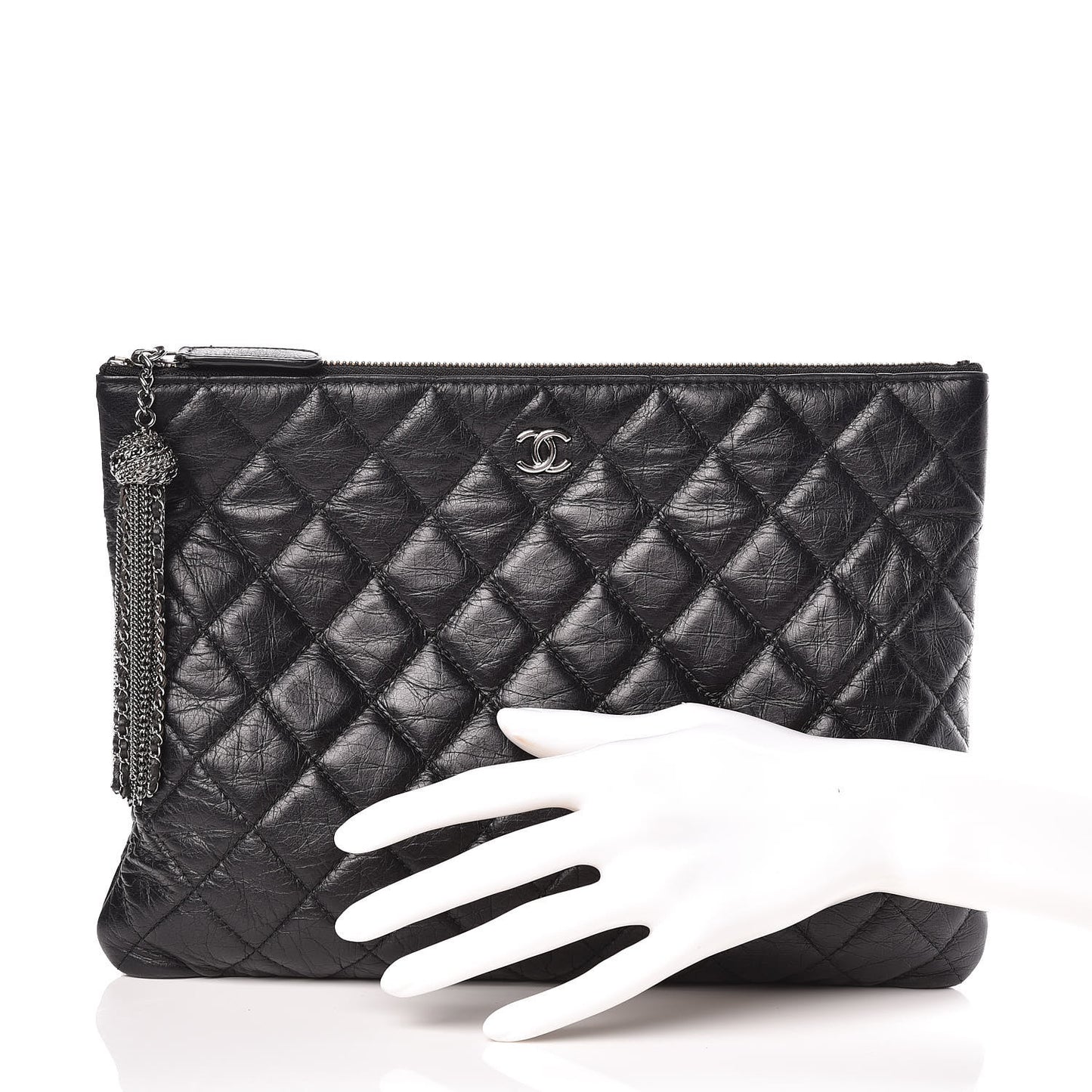 Aged Calfskin Quilted Medium Tassel Cosmetic Case Grey
