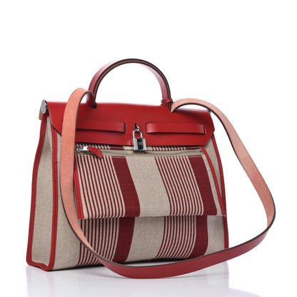 Hermes Vache Hunter Toile H Vibration Herbag Zip 31 PM Bordeaux Ficelle Rouge Piment 3 of 9