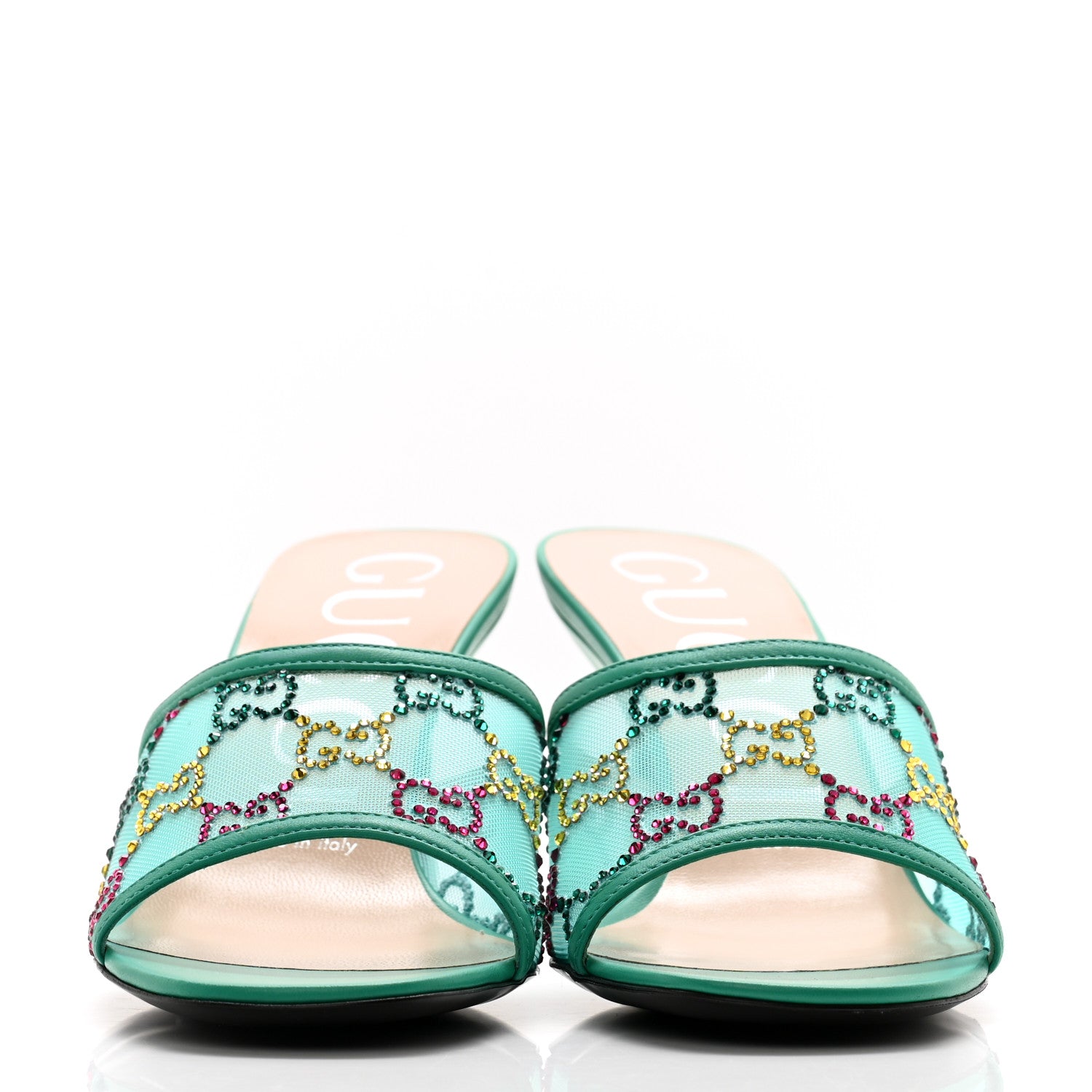 Gucci Tela Retino Nappa Crystal GG Monogram Square G 95mm Slide Sandals 37.5 Turquoise 2 of 9
