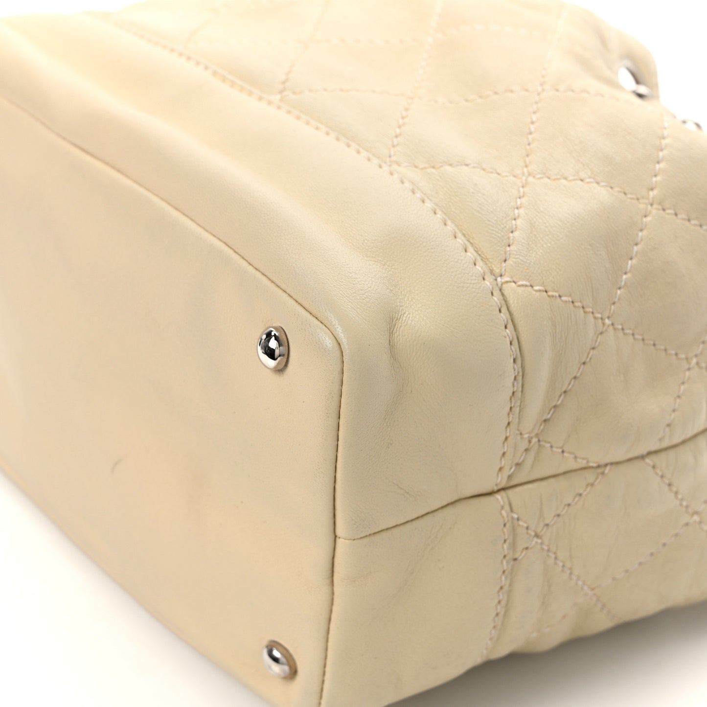 Lambskin Contrast Stitch Small Drawstring Tote Ivory