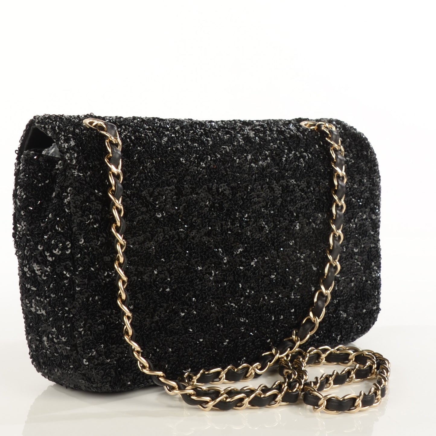 Sequin Embroidered Medium Flap Bag Black