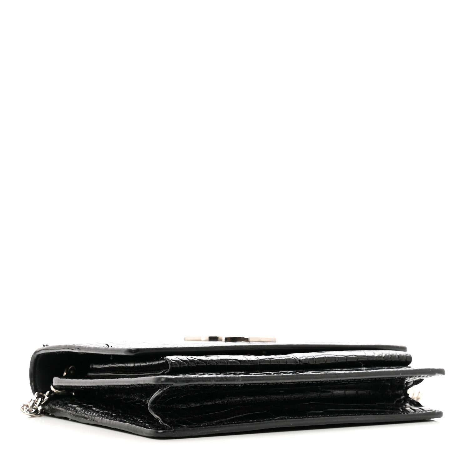 Saint Laurent Calfskin Crocodile Embossed Monogram Sunset Top Handle Chain Wallet Black 4 of 12
