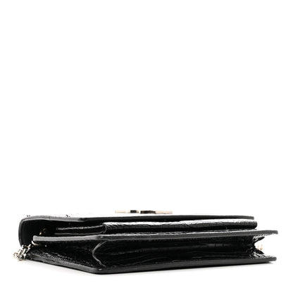 Saint Laurent Calfskin Crocodile Embossed Monogram Sunset Top Handle Chain Wallet Black 4 of 12