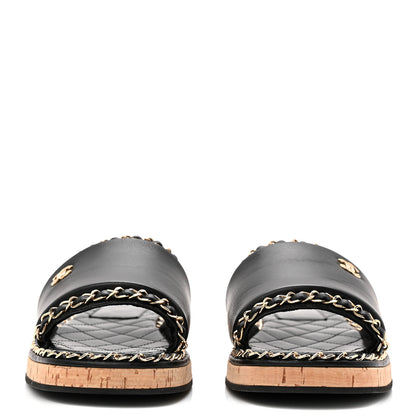 Chanel Lambskin Chain Cork Slide Sandals 38 Black 3 of 9