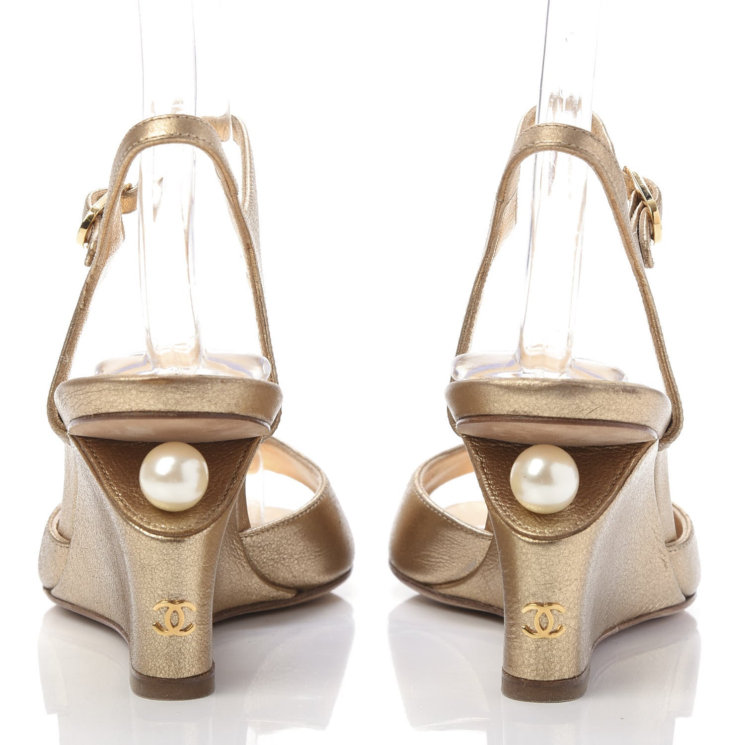 Chanel Metallic Calfskin Pearl Wedge Sandals 36 Gold 5 of 10