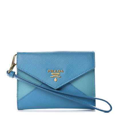 Prada Saffiano Bi-Color Wristlet Wallet Celeste Voyage 1 of 7