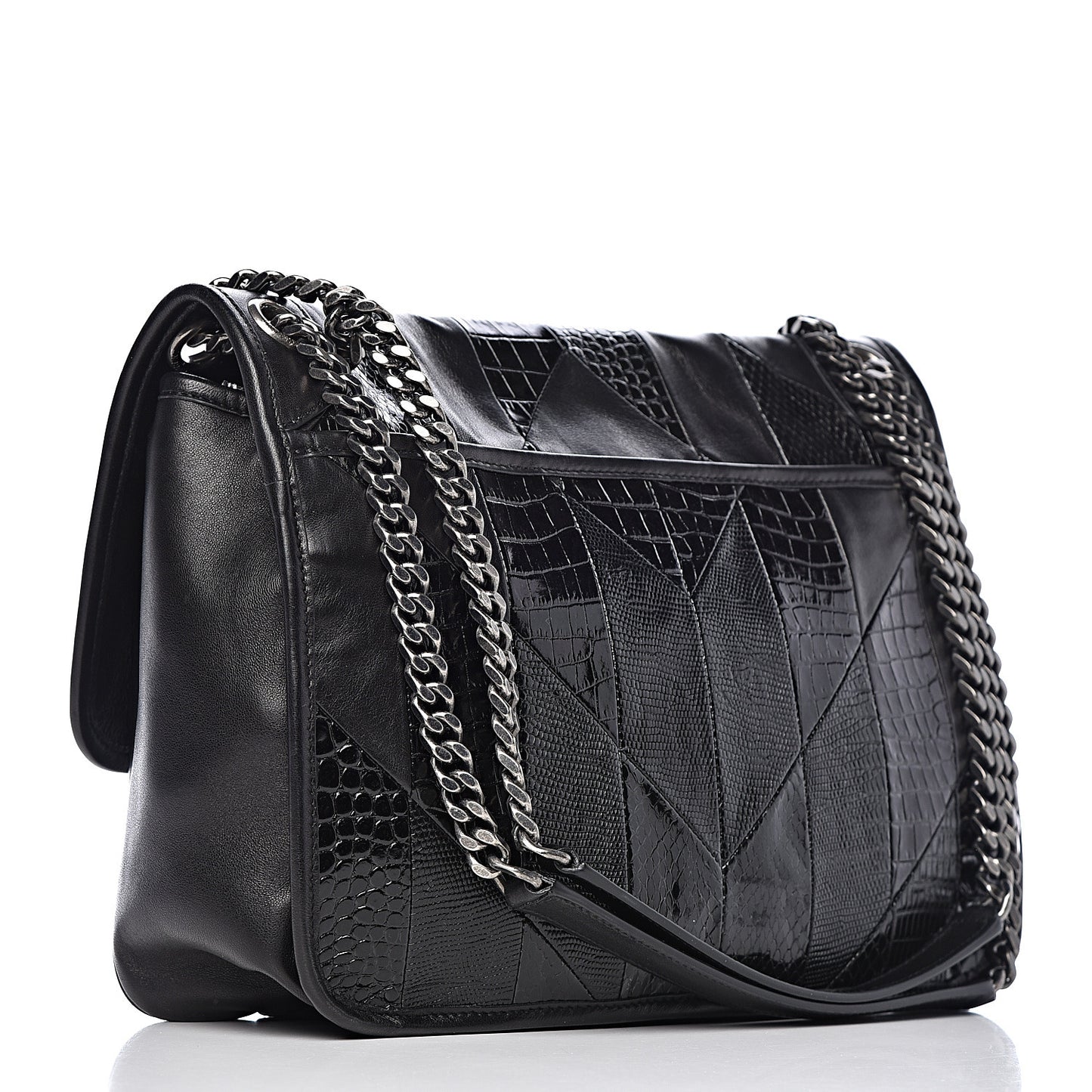 Calfskin Ayers Patchwork Monogram Medium Niki Chain Satchel Black
