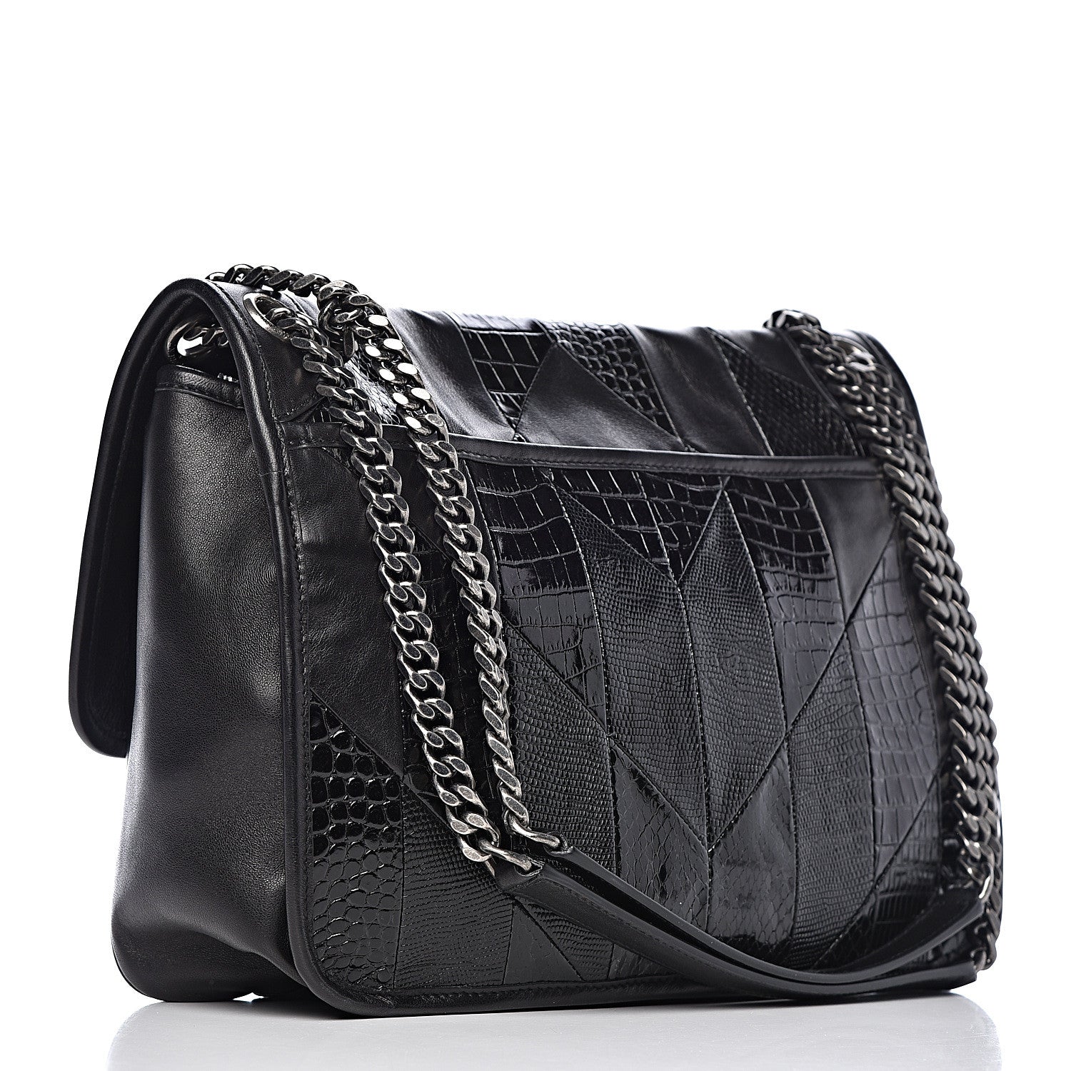 Saint Laurent Calfskin Ayers Patchwork Monogram Medium Niki Chain Satchel Black 3 of 12