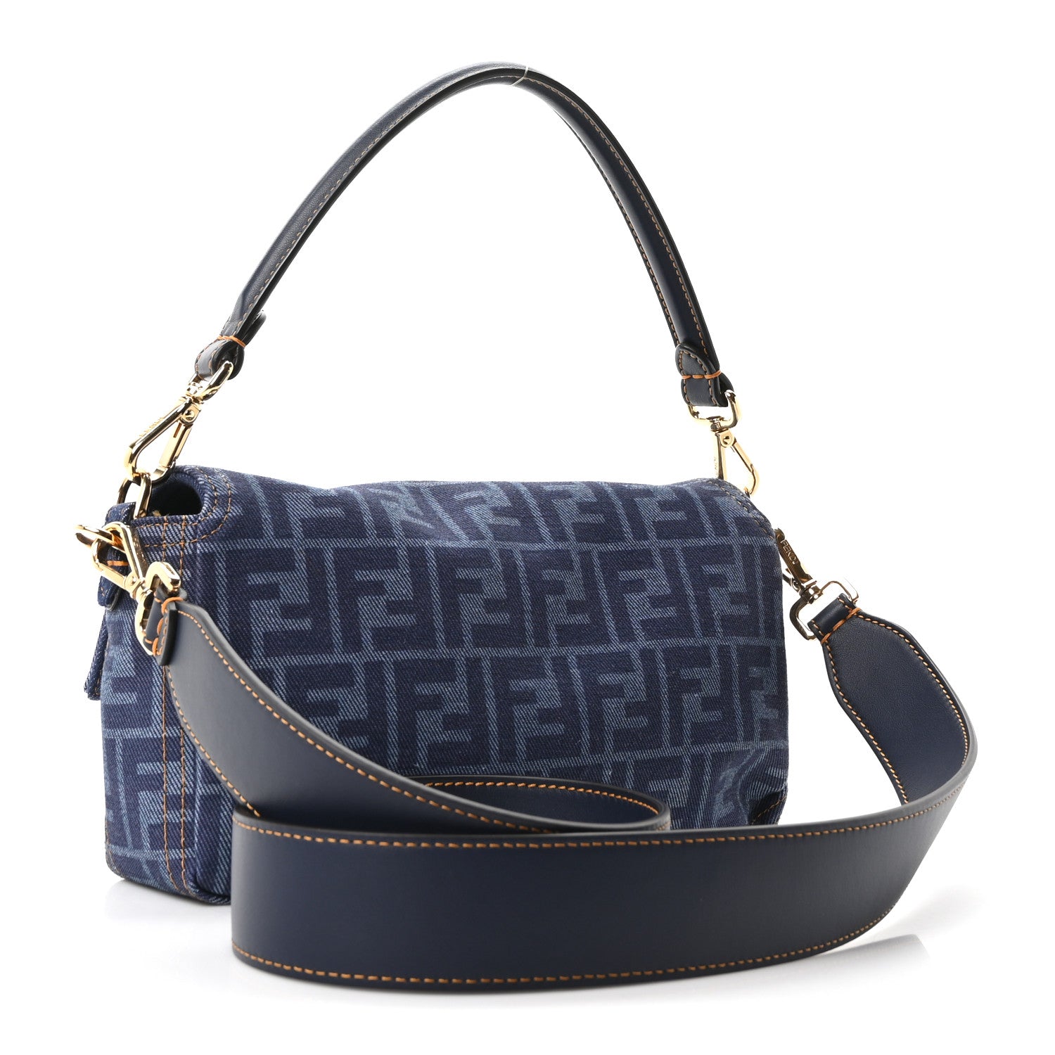 Fendi Denim FF Embroidered Reversible Baguette Blue 3 of 9