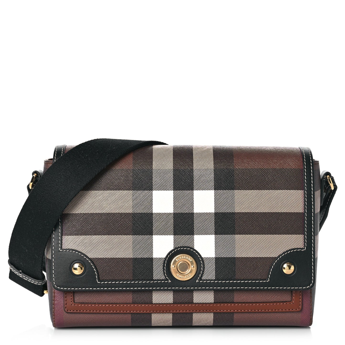 Calfskin Giant Check E-Canvas Note Crossbody Bag Dark Birch Brown