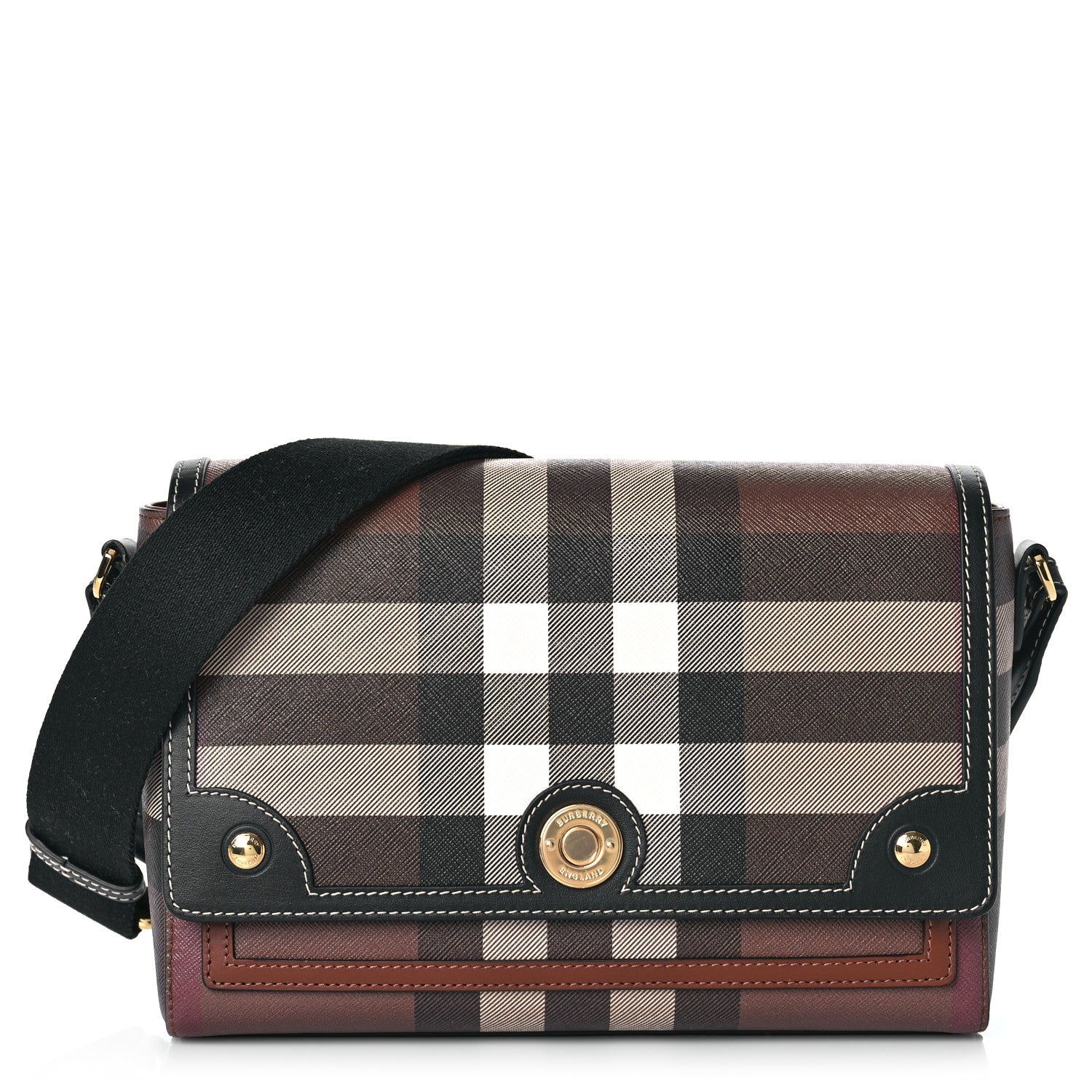 Burberry Calfskin Giant Check E-Canvas Note Crossbody Bag Dark Birch Brown 1 of 8