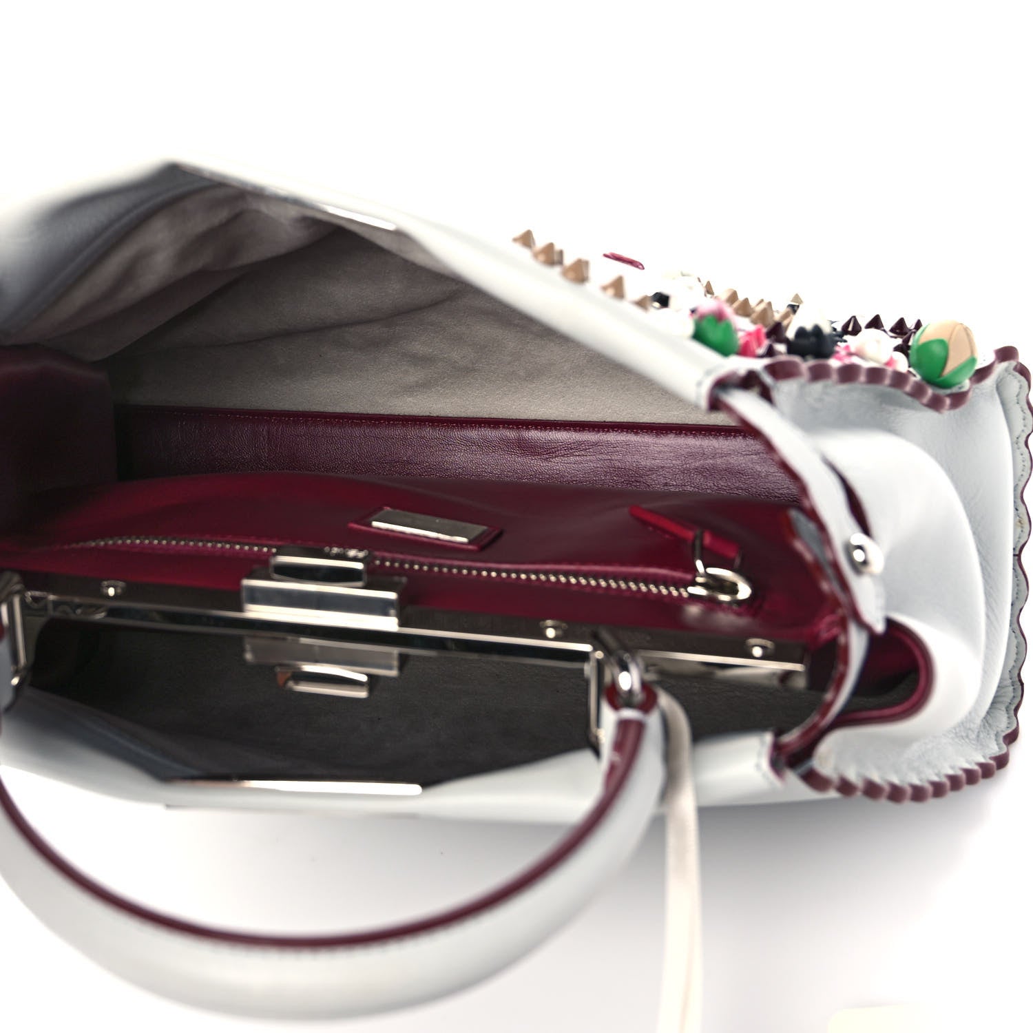Fendi Vitello Seta Shiny Nappa Pearl Scalloped Studded Floral Embroidered Medium Peekaboo Iconic Satchel Grigio Perla Multicolor 5 of 18