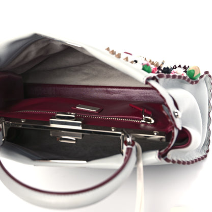 Fendi Vitello Seta Shiny Nappa Pearl Scalloped Studded Floral Embroidered Medium Peekaboo Iconic Satchel Grigio Perla Multicolor 5 of 18