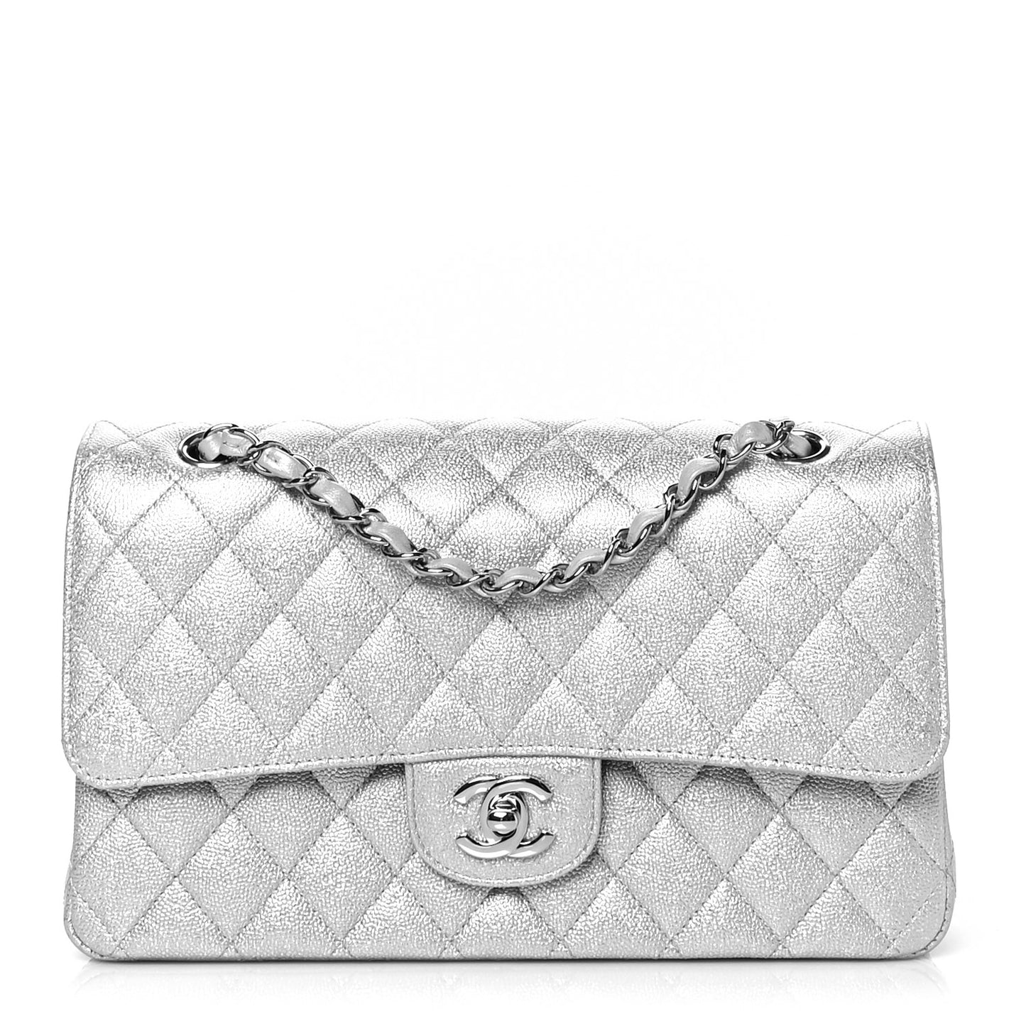Glittered Metallic Caviar Quilted Medium Double Flap Silver