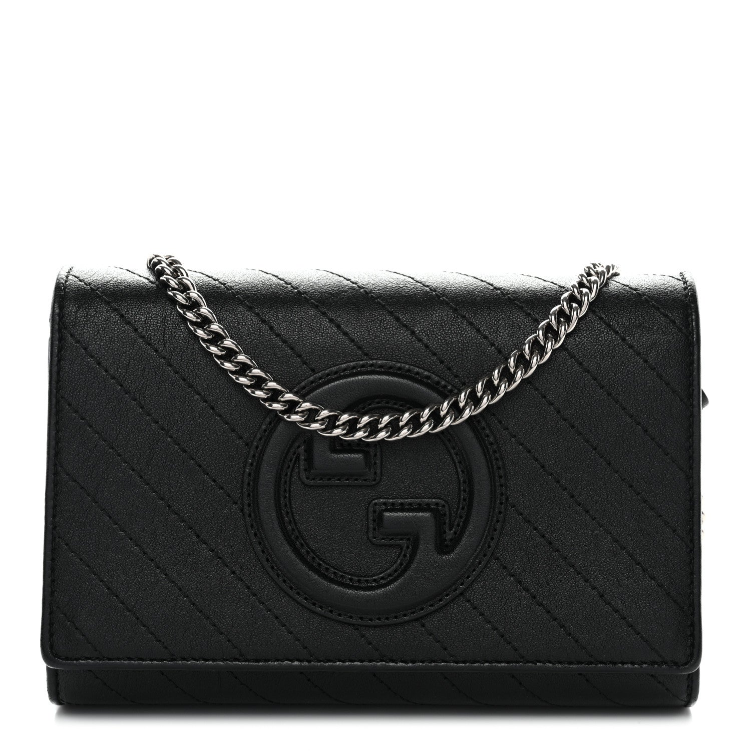 Gucci Sakai Be Green Calfskin Diagonal Stitched Blondie Wallet on Chain Black 2 of 34