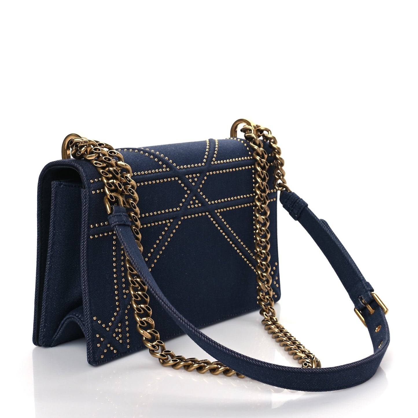 Denim Studded Medium Diorama Flap Bag Blue