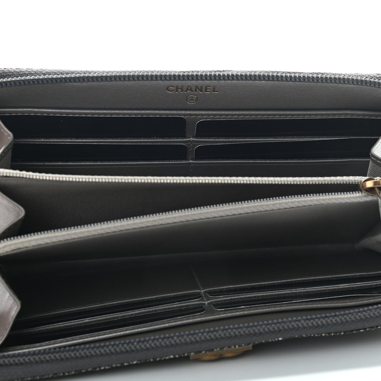 Cracked Metallic Calfskin Quilted Boy Long Zip Around Wallet Dark Silver