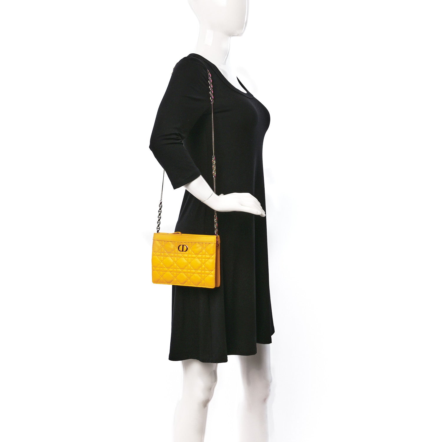 Christian Dior Calfskin Cannage Caro Zipped Pouch With Chain Sunny Yellow 2 of 9