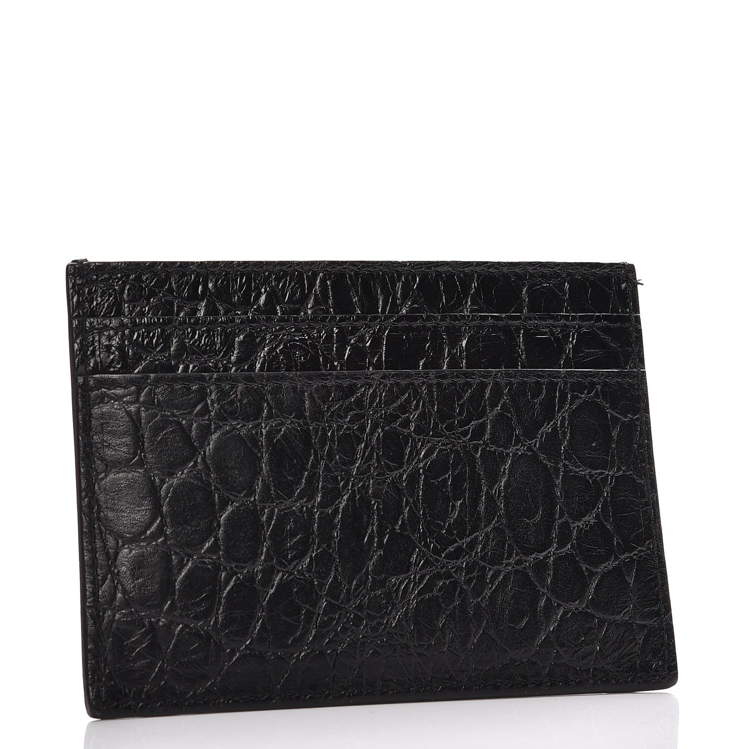 Saint Laurent Calfskin Crocodile Embossed Monogram Credit Card Case Black 3 of 8