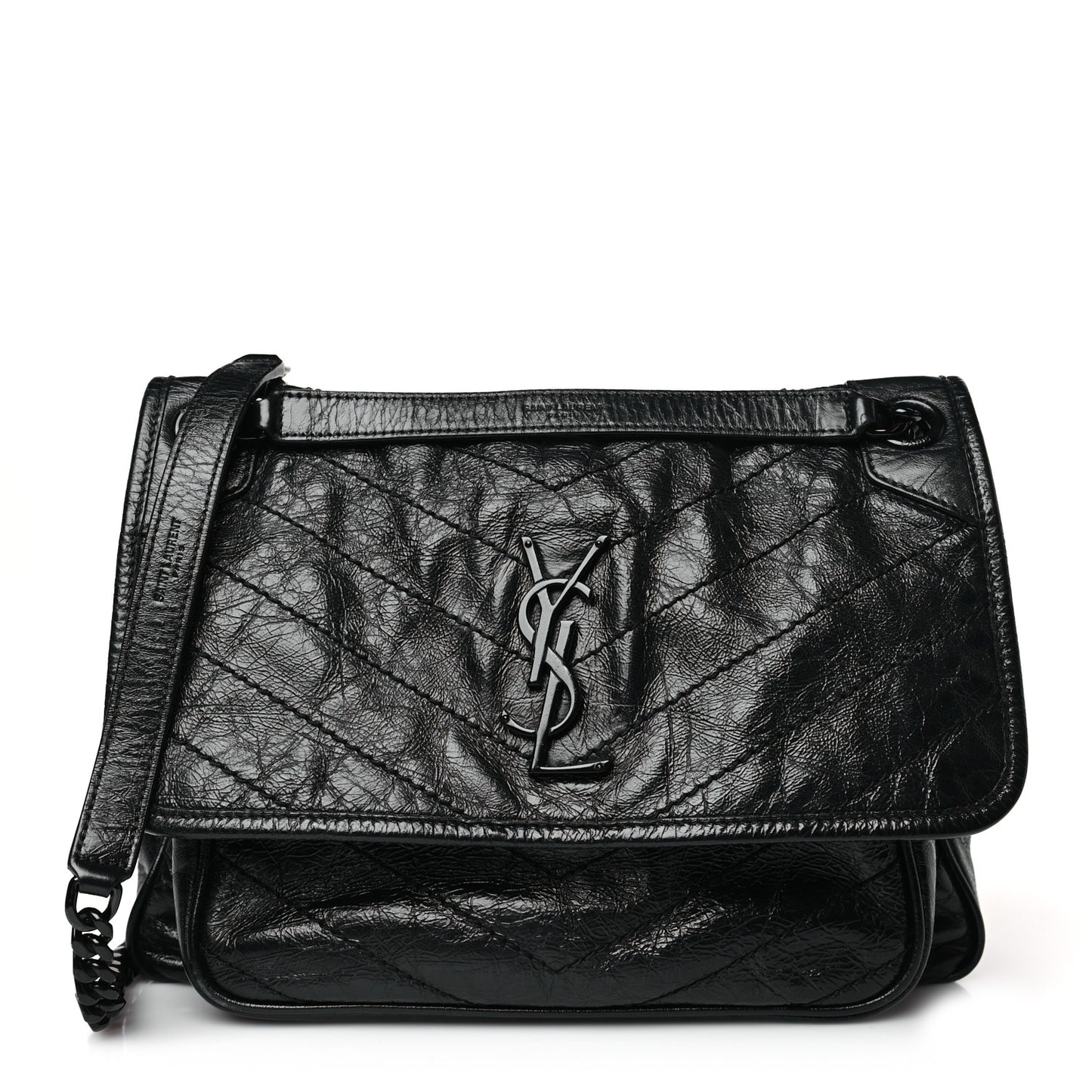 Crinkled Calfskin Matelasse Monogram Medium Niki Chain Satchel Black