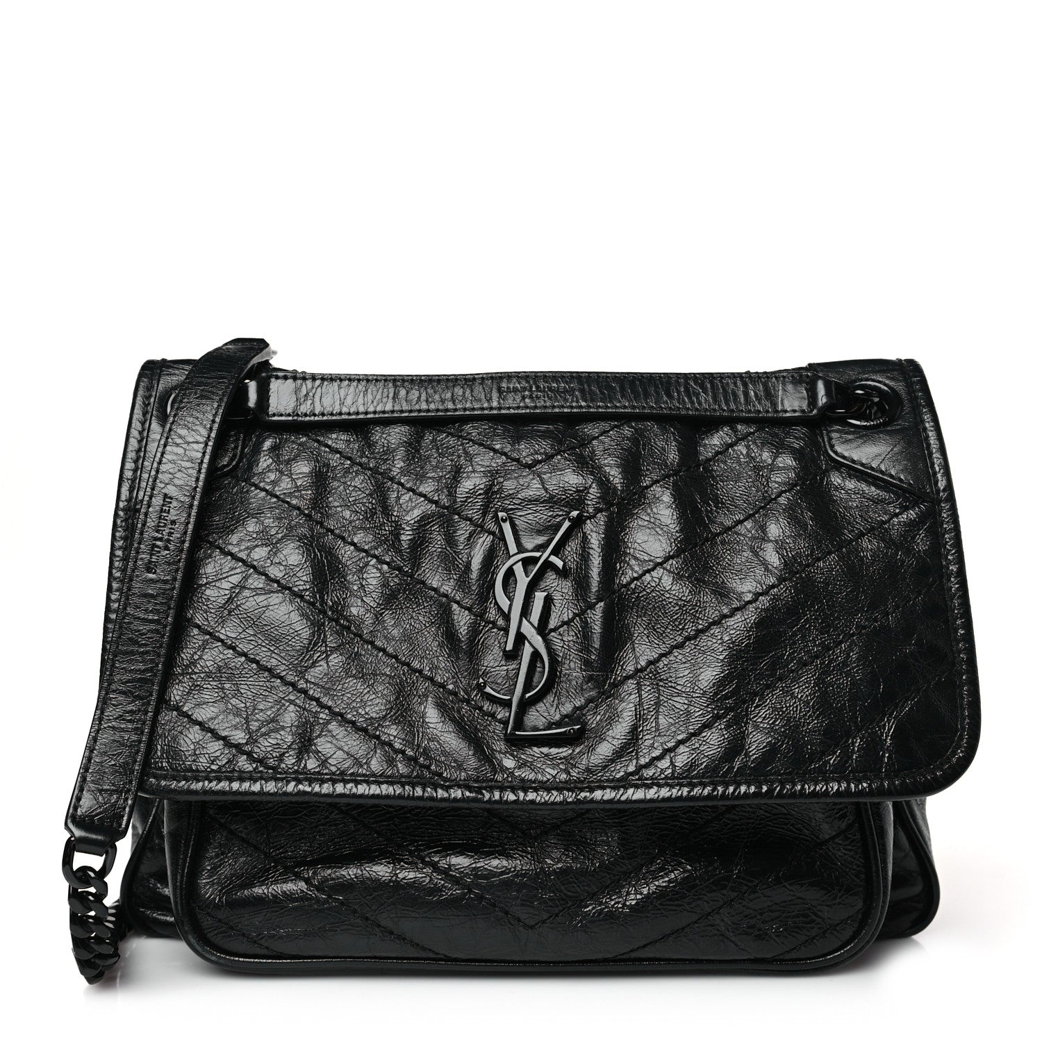 Saint Laurent Crinkled Calfskin Matelasse Monogram Medium Niki Chain Satchel Black 1 of 9