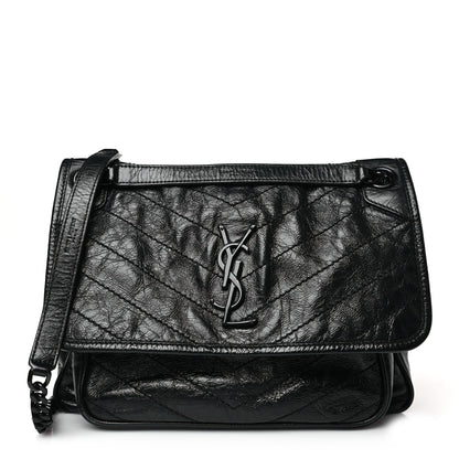 Saint Laurent Crinkled Calfskin Matelasse Monogram Medium Niki Chain Satchel Black 1 of 9