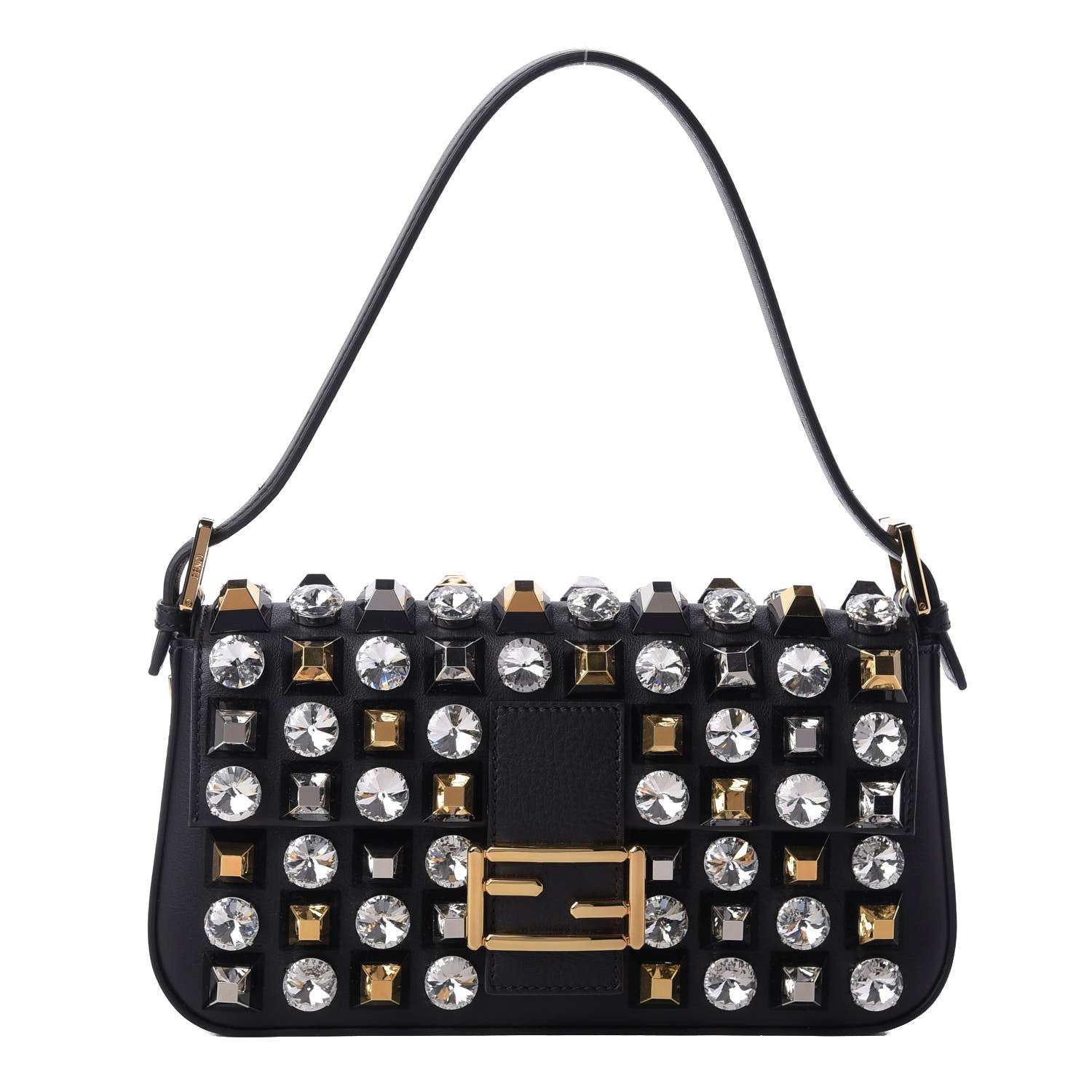 Fendi Vitello Dolce Studded Baguette Black Gold 1 of 9