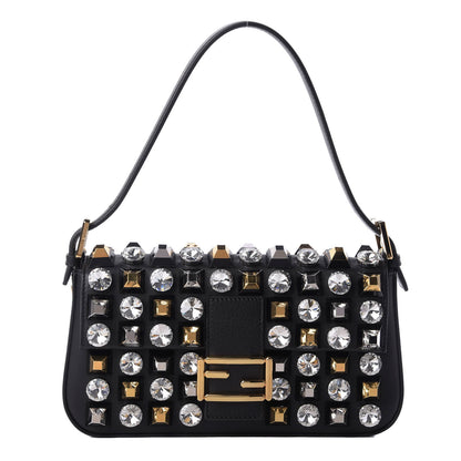 Fendi Vitello Dolce Studded Baguette Black Gold 1 of 9