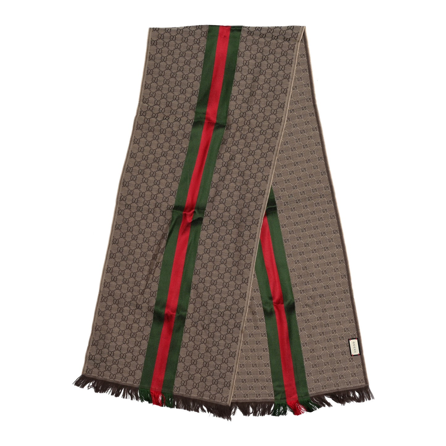 Wool Silk GG Monogram Web Verbier Fringe Scarf Light Brown Dark Green