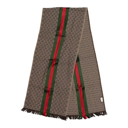 Gucci Wool Silk GG Monogram Web Verbier Fringe Scarf Light Brown Dark Green 2 of 4