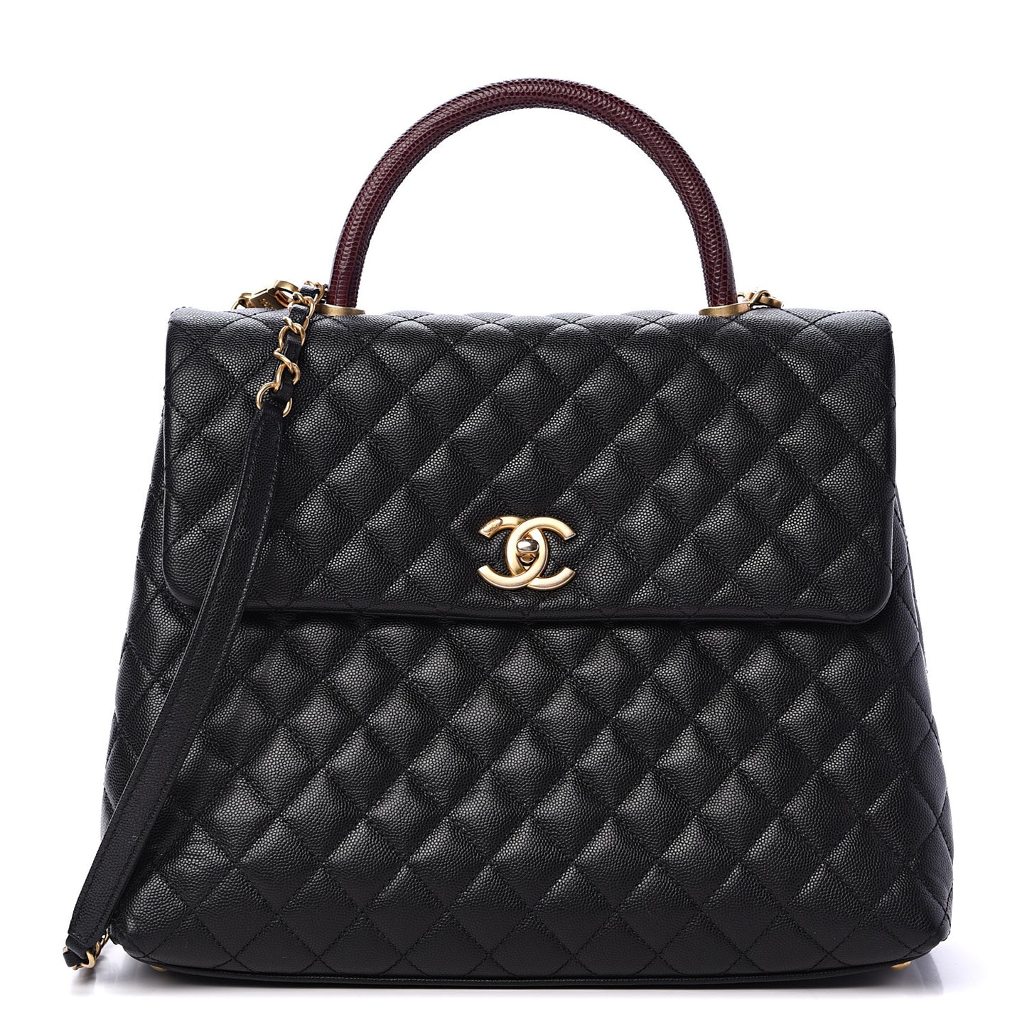Caviar Lizard Quilted Large Coco Handle Flap Black