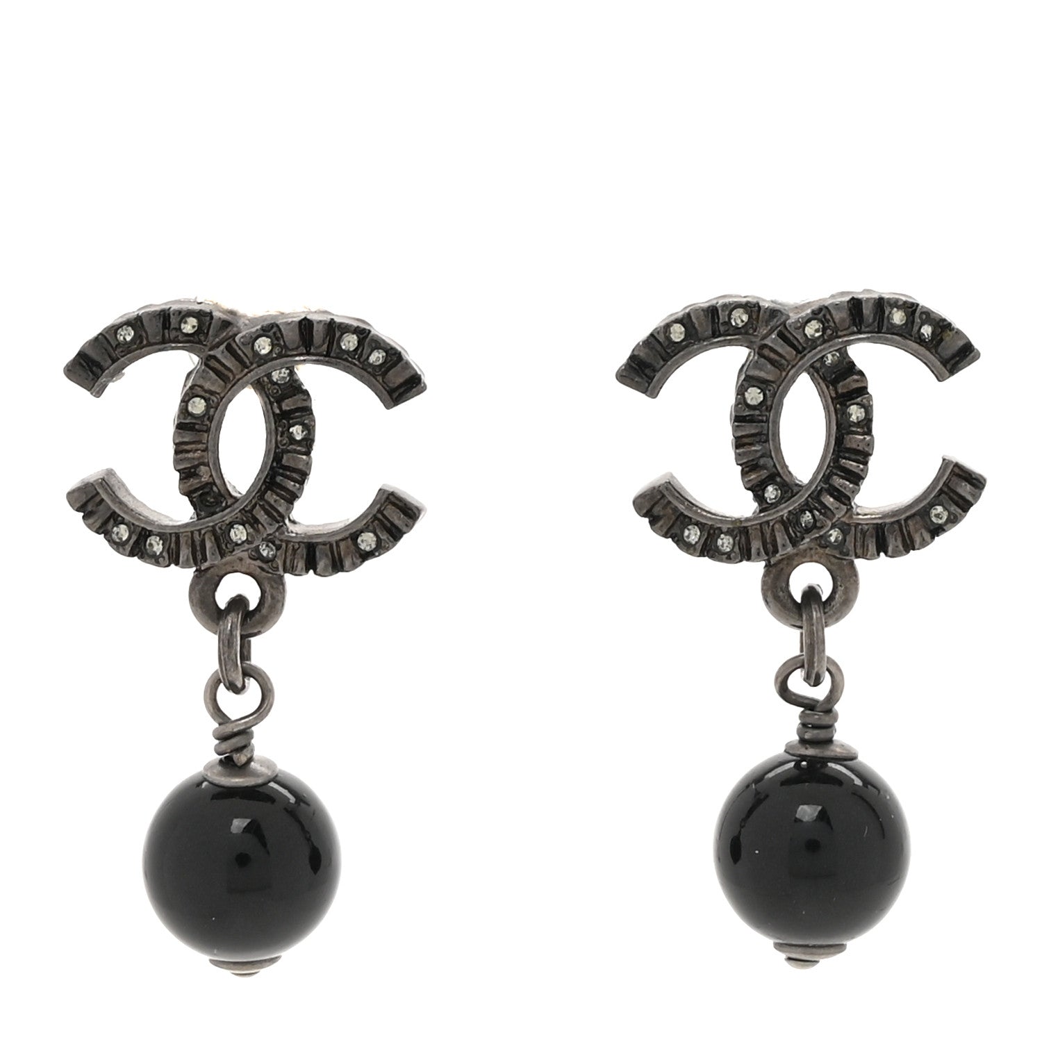 Chanel Crystal Bead CC Drop Earrings Ruthenium Black 1 of 5