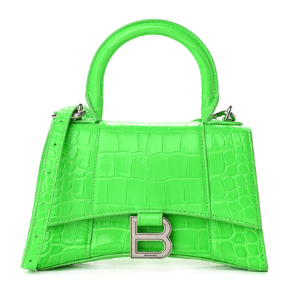 Balenciaga Shiny Calfskin Crocodile Embossed Hourglass Top Handle Bag XS Fluo Green 1 of 13