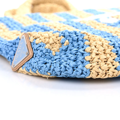 Prada Yarn Raffia Effect Crochet Striped Small Logo Tote Naturale Celeste 7 of 8