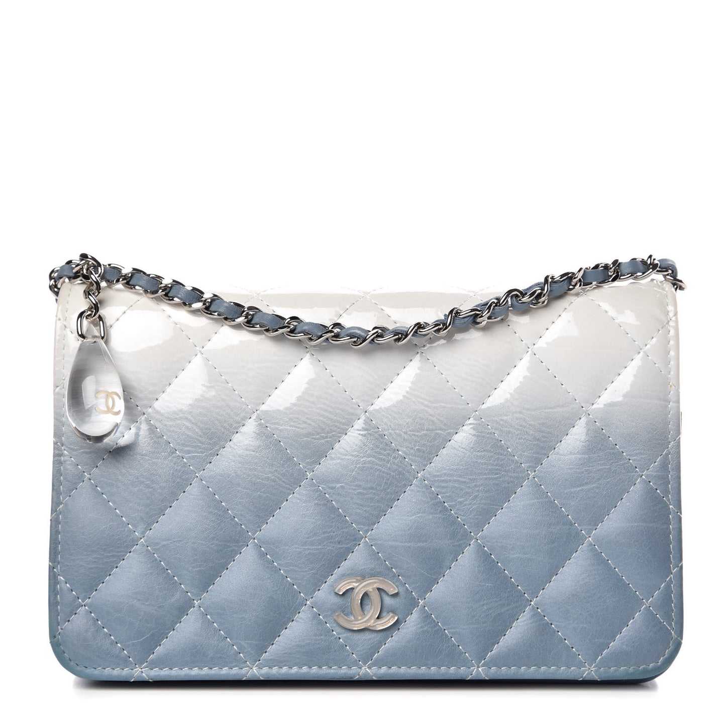Faded Patent Calfskin Quilted Wallet on Chain Blue