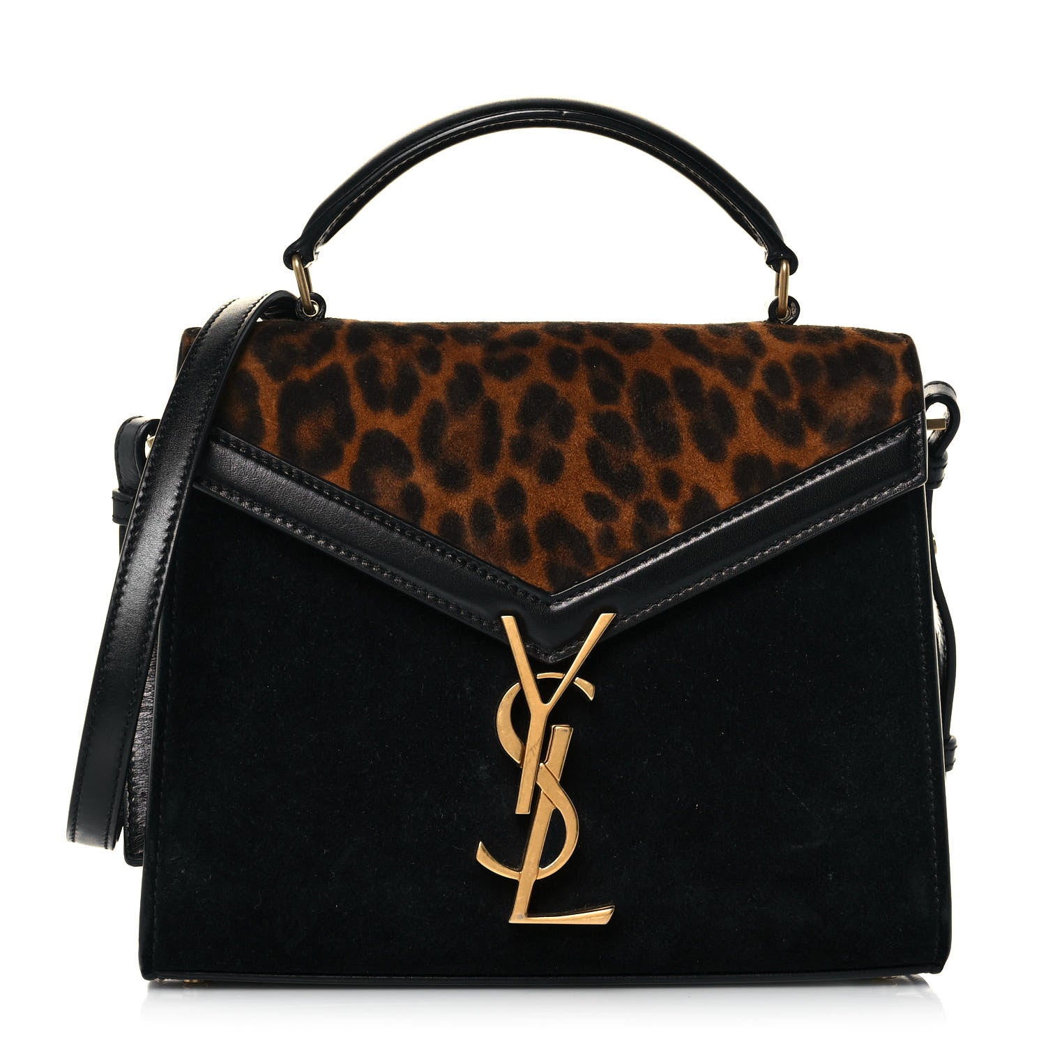 Saint Laurent Suede Leopard Print Mini Classic Monogram Cassandra Top Handle Manto Naturale Black 1 of 11