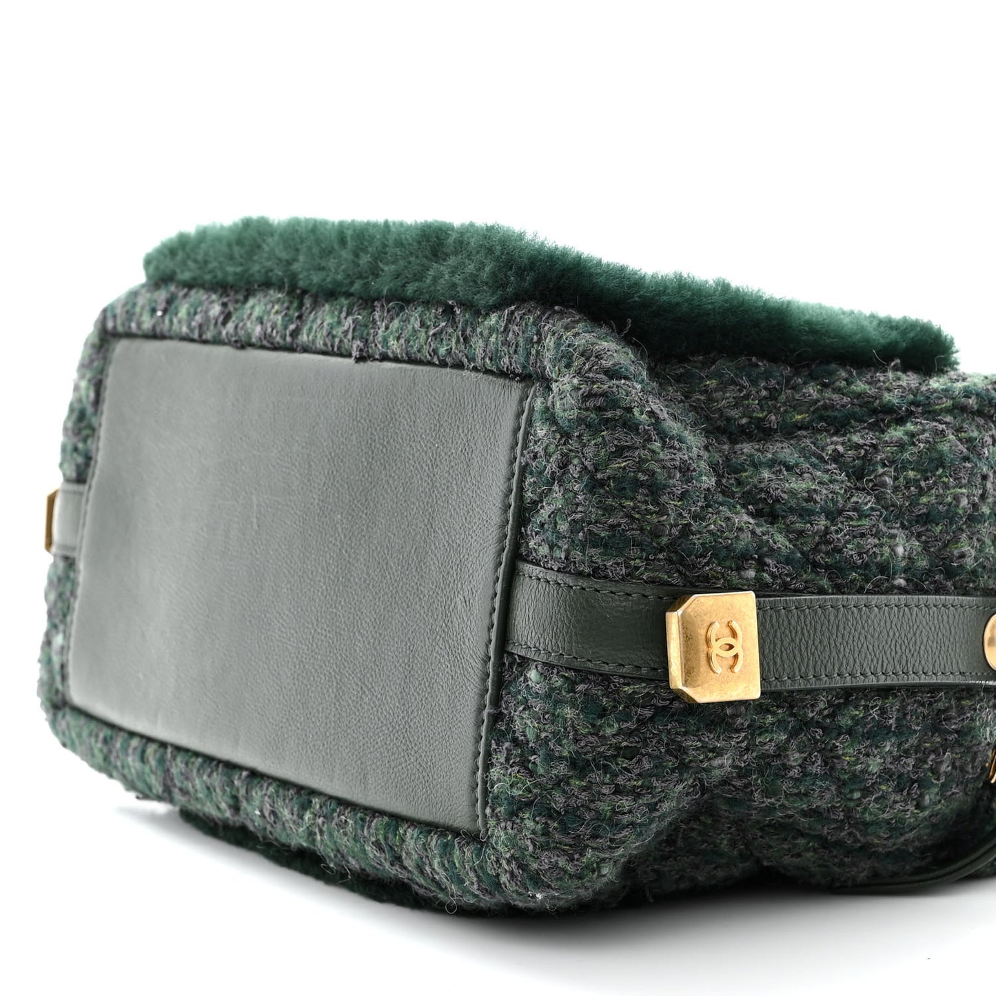 Tweed Shearling Grained Calfskin Camera Case Green