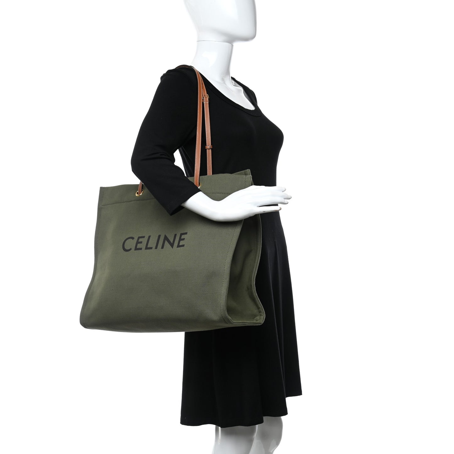 Canvas Calfskin Vertical Cabas Green