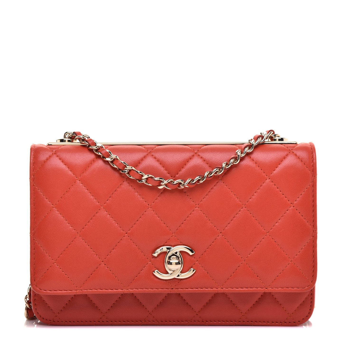 Lambskin Quilted Trendy CC Wallet On Chain WOC Orange